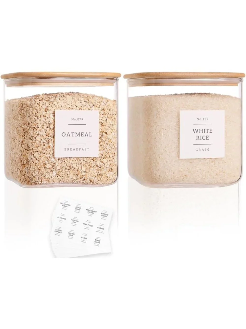 2 Pack Large Airtight Glass Storage Jars with Bamboo Lids & 132 Pantry Labels